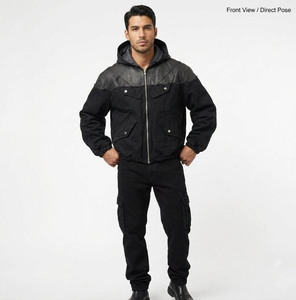 Custom Men's Hooded Leather Patchwork Bomber <b>Jacket</b> Black Canvas <b>Cropped</b> Streetwear Zip-Up OEM ODM Wholesale - Product Image 2