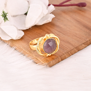 Natural Rose Quartz Gemstone <b>Ring</b> for Women <b>Adjustable</b> Gold Plated Brass Trendy Jewelry - Product Image 2