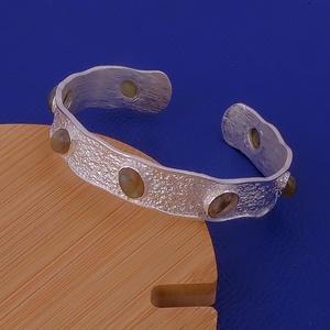 Natural Labradorite Oval Cabochon Textured Open Cuff Bangles <b>Silver</b>/Gold Handmade Stone <b>Adjustable</b> Trendy Statement <b>Bracelets</b> - Product Image 1