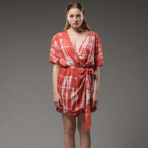 Women’s Red Tie Dye Wrap <b>Dress</b> Short Sleeve V Neck Mini <b>Dress</b> Casual <b>Summer</b> <b>Boho</b> Style Lightweight <b>Dress</b> - Product Image 2