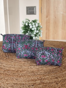 Eco-Friendly Vintage Cotton Block Printed <b>Large</b> Water Resistant Lightweight <b>Makeup</b> Cosmetic <b>Bag</b> Set with Zipper Closure 3 PCS - Product Image 6