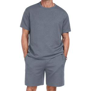 Men's Gray Geometric Pattern Crew Neck T-Shirt <b>Set</b> <b>Knitted</b> Spandex Cotton Breathable Casual Summer Shorts - Product Image 3