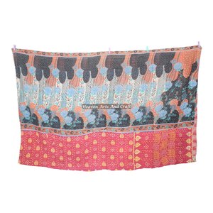 Indian Handmade Printed Kantha Floral Quilt Bedspread Bedding Blanket Indian Reversible Hand <b>Stitched</b> Heavy <b>Throw</b> Old Sari - Product Image 6