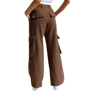 Pantalon baggy pour femme en sergé de coton marron chocolat, style cargo, taille haute, avec poches spacieuses, coupe ample streetwear - Product Image 2