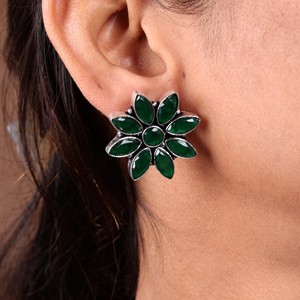 ARTS JEWELS Brass Antique <b>Silver</b> Plated Oxidized Onyx Green Flower Bezel Set Vintage Boho Engagement <b>Stud</b> Earrings-Women's - Product Image 3
