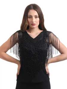 Capelet noir à franges perlées, à volants festonnés et à pompons, pour mariage, boléro, veste en polyester - Product Image 2