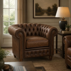 Fauteuil Chesterfield classique en cuir marron avec capitonnage profond, fauteuil d'appoint vintage pour salon - Product Image 3