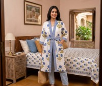 Robe Kimono de Demoiselle d'Honneur en Coton Imprimé au Bloc, Simple, Décontractée, Douce, Respirante et Thermique, Taille Unique, Vêtement de Nuit d'Été pour Femme