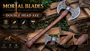 Hacha Vikinga de Acero Inoxidable de Grado Industrial, Cabeza de Hacha de Doble Hoja, Mango de Madera Grabado en Latón, Hacha con Barba para Acampar y Cazar - Product Image 6