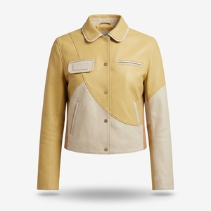 Mustard Yellow Cream Two Tone <b>Womens</b> Genuine Leather Trucker <b>Jacket</b> Curved Colorblock Panel Snap Front Retro Streetwear Coat - Product Image 1