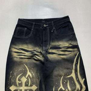 Straight Vintage Cotton Men's Jeans Distressed High-Waist Button-Closure Vintage Washed Baggy Straight <b>Flared</b> Spray on Embroider - Product Image 3