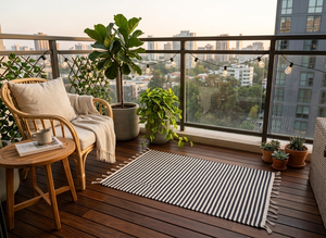 Tapis d'extérieur en coton rayé, rectangulaire, tissage plat, style méditerranéen, antidérapant, lavable, pour usage domestique - Product Image 1