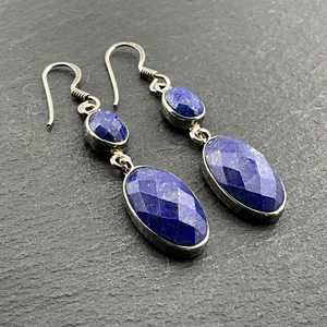 Boucles d'oreilles pendantes fantaisie en argent sterling et lapis-lazuli vintage, bijoux faits à la main avec pierres précieuses bleues, cadeau élégant pour femmes - Product Image 3