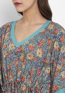 2021 été Collection multicolore main bloc imprimé fleuri cravate taille caftan doux coton Turquoise écologique tissé tissage - Product Image 5