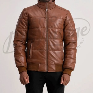 Custom Men Brown Puffer Leather <b>Jacket</b> Quilted Padded Bomber Coat Warm Winter Stand Collar Genuine Leather <b>Zip</b> <b>Up</b> <b>Jacket</b> - Product Image 3