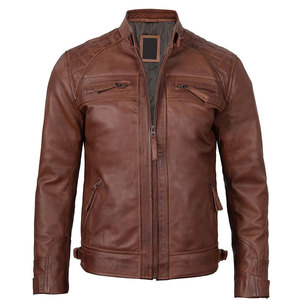 Veste moto en cuir véritable marron pour homme, col montant, fermeture éclair, coupe ajustée, longueur standard, pour l'automne - Product Image 6