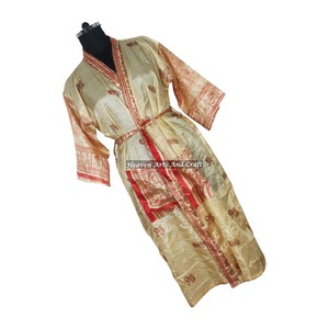 KL001 Vintage Sari Kimono Long <b>Robe</b> Autumn/Winter Floral Print Bohemian Oversized Full Length Blended Poly Silk Quick <b>Dry</b> - Product Image 1