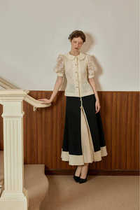 Elegant / Vintage / Romantic <b>Set</b> Vietnam Half Floral Lace ZELLA - Lace Puff-Sleeve Blouse & <b>Linen</b>-Blend Slit Skirt KS50 - Product Image 4