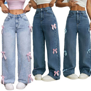 Nuevos Jeans de Moda para Mujer, Estilo Moderno, de Algodón, Anchos, Casuales, Simples, con Lazos, Lavados, de Cintura Alta, Lavables - Product Image 1