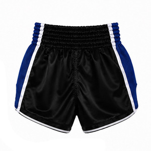 Shorts de boxe Muay Thai pour hommes, rouge et bleu, taille haute, fermeture élastique, satin respirant, logo avant, sportif, 100% polyester, color block - Product Image 5