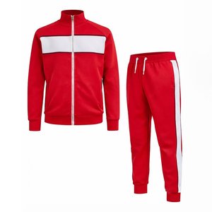 High Selling Custom <b>Men</b> Red Tracksuit Full Sleeve Zipper <b>Jacket</b> With <b>White</b> Stripe Pants Sporty Autumn Wear Color Blocking Design - Product Image 1