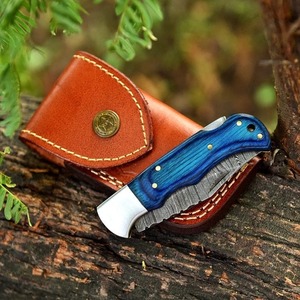 Couteau pliant de poche artisanal noir et bleu en acier Damas pour hommes - 7 pouces, manche en bois, étui en cuir, DIY OEM - Product Image 3