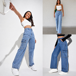 Venta al por mayor de jeans de mezclilla cargo para mujer, de pierna ancha, estilo casual urbano, de cintura alta. Lote de stock de fábrica de proveedor de ropa. - Product Image 6