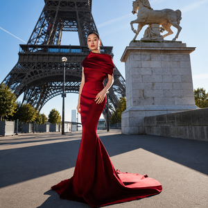 Robe de soirée sirène en satin rouge rubis de luxe pour femme, élégante, à épaules dénudées, robe de créateur pour fête, réception de mariage, tenue de cérémonie - Product Image 2