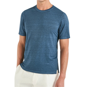 T-shirt en coton bleu pour homme, coupe ajustée, col rond, manches courtes, couleur unie, respirant, longueur normale - Product Image 1