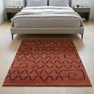 Tapis d'intérieur unique en laine nouée à la main, marron terre cuite, motif abstrait à lignes ondulées, tapis décoratif moderne fait main pour salon - Product Image 2