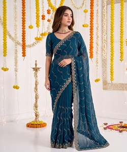 Sari de Seda Color Verde Azulado de AARA Fashion con Bordado Dorado, Protección Solar, Prenda Tradicional India, Diwali, para Mujer, Largo hasta el Suelo, Corte Regular - Product Image 3