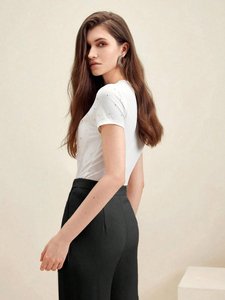 T-shirt à manches courtes pour femme, coupe classique, 100% coton, respirant, anti-rides, séchage rapide, noir uni, orné de strass personnalisés - Product Image 3