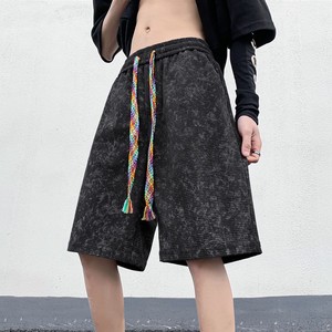 Shorts Bermuda en velours côtelé noir à carreaux pour homme avec cordon de serrage à pompons colorés, style décontracté, taille mi-haute, tissu tissé - Product Image 1
