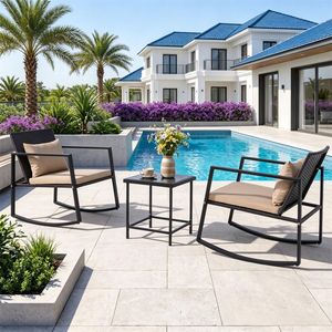 Set da 3 Pezzi con Tavolino in Vetro Temperato e Cuscini Lavabili, Sedia a Dondolo in Vimini per Esterni, Arredamento da Giardino per Conversazione sul Patio - Product Image 2