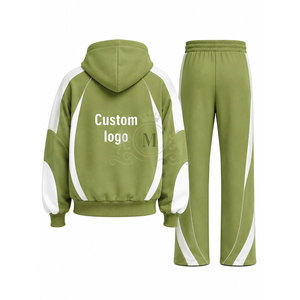 Custom Logo Pea White Color Blocking Tracksuit 100% Set Full <b>Zip</b> <b>Hooded</b> 450 Gsm Sweatshirt Pants - Product Image 3