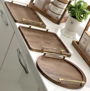 Modern Wood <b>Serving</b> Tray Gold Metal Handles Luxury Acacia Walnut Decorative Food Platters Rectangular Wooden Kitchen Tray <b>Set</b> - Product Image 1