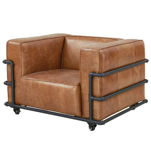 Modern Ergonomic Foam-Filled Living Room Single Seater Tan Brown Leather <b>Sofa</b> with Casters - Product Image 1
