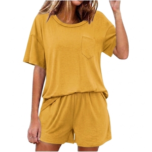 Women's Blue 2 Piece <b>Shorts</b> Set Crew Neck <b>Short</b> Sleeve Loose Fit Casual Solid Color Pocket Knitted Cotton <b>Top</b> <b>and</b> <b>Shorts</b> - Product Image 3