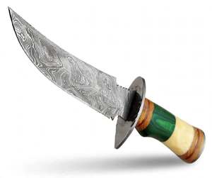 Couteau utilitaire d'extérieur artisanal en acier Damas torsadé, lame à pointe traînante, garde ovale en acier, manche en bois et os multicolore - Product Image 2