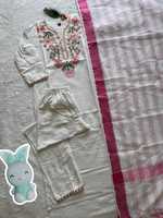 Ensemble Kurti Pantalon Dupatta pour femmes, broderie florale blanche, vêtements ethniques indiens pakistanais pour mariage et fête