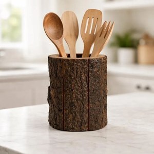 wooden utensil holder cutlery stand wooden spoon fork knife organizer <b>kitchen</b> countertop <b>storage</b> rustic wood holder - Product Image 4