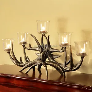 Portavelas Metálico con Forma de Asta de Ciervo con 5 Copas de Vidrio para Decoración del Hogar, Uso en Mesa, Diseño Resistente al Calor - Product Image 1