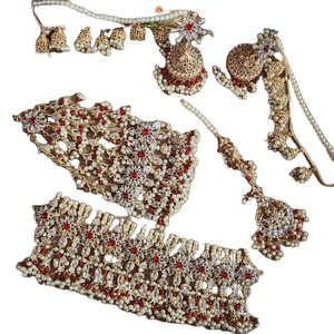 Conjunto de collar tradicional afgano con piedras de rubí rosa y detalles en verde esmeralda con perla blanca colgante. - Product Image 5