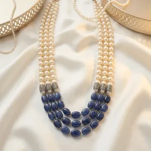 Collier de luxe à trois rangs de perles et pierres précieuses bleues, plaqué or, fait main, bijou de mariage pour femme - Product Image 4