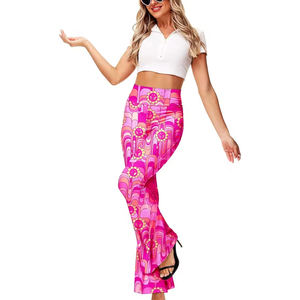 Pink Flare <b>Pants</b> High Waist Elastic Waist Printed Pattern Casual <b>Summer</b> Style Breathable Lightweight Knitted Fabric <b>Pants</b> - Product Image 1