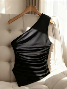 Top Halter Negro de Seda para Mujer, Color Sólido, Elegante, Sin Mangas, con Detalle de Botones - Product Image 3