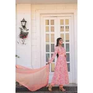 ชุดราตรีพิมพ์ลายสำหรับงานดีไซน์เนอร์มีลายคอผ้าด้านล่างพร้อมสีพีช Dupatta - Product Image 5