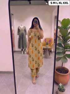 Conjunto de Kurti y Palazzo de Algodón para Mujer, Estampado Floral, con Espejos Decorativos, Ropa Tradicional para Fiestas, India, Pakistán, Todas las Temporadas - Product Image 1
