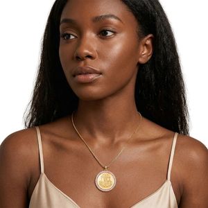 Gold Round Medallion Pendant <b>Necklace</b> with Pink Crystal Halo Fine Chain Elegant <b>Statement</b> Jewelry for Women Fashion Party - Product Image 5
