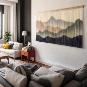 Tapiz de Macramé con Paisaje Montañoso, Decoración Bohemia para el Hogar, Rectangular, Fibra Natural, Pieza de Arte para Sala de Estar - Product Image 1